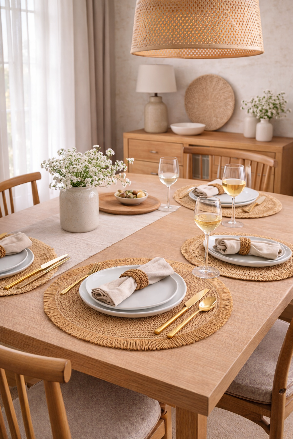 Santorini Straw Fringe Placemats - 15" | Handwoven Round Table Mats