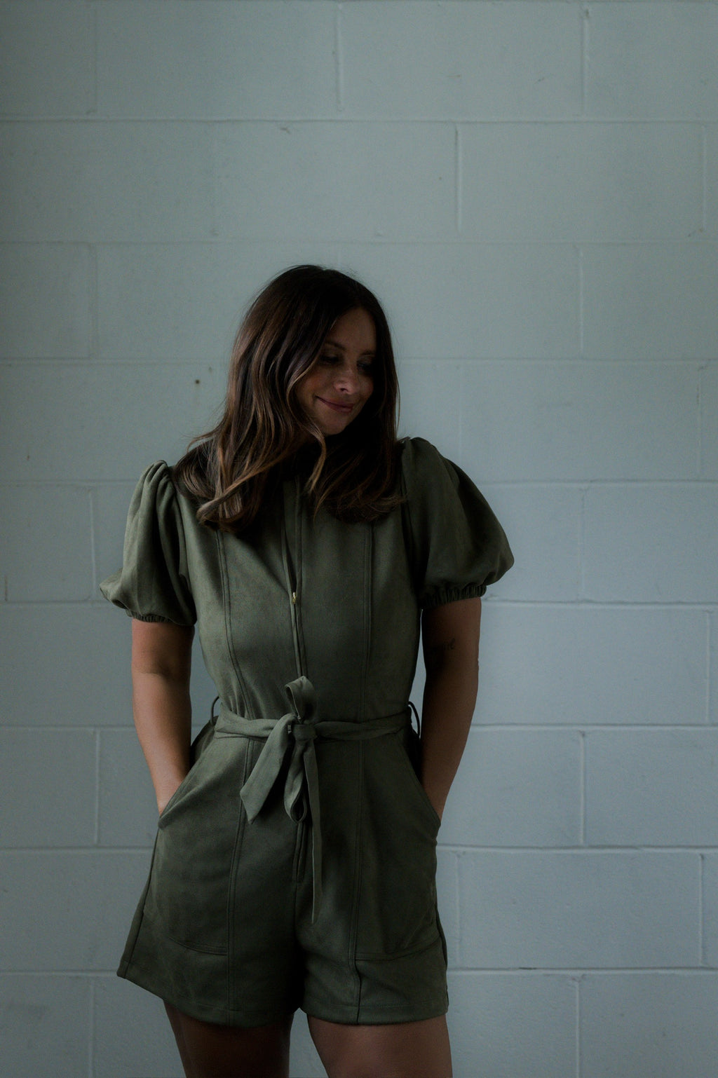 SUEDE PUFF SLEEVE BELTED ROMPER