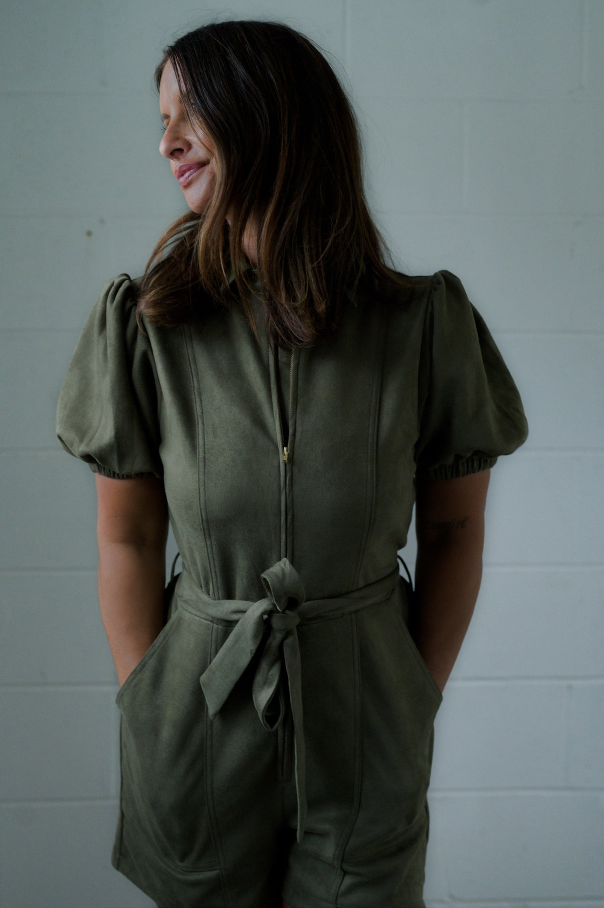 SUEDE PUFF SLEEVE BELTED ROMPER