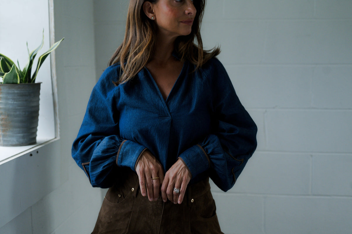 SUEDE TRIM DENIM TOP