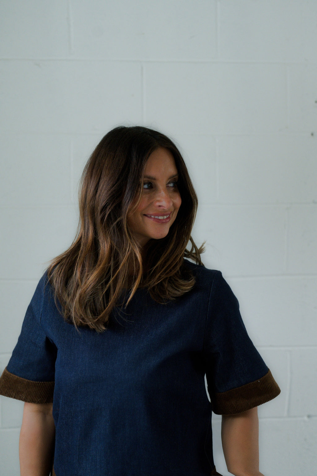 CORDUROY TRIM DENIM TOP