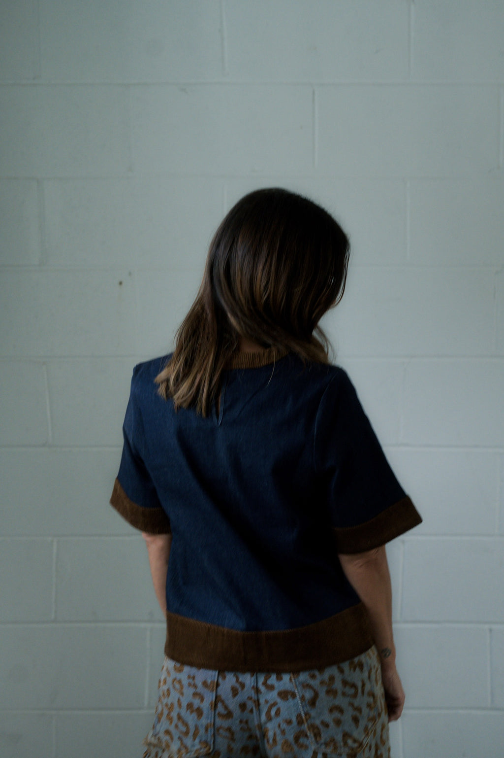 CORDUROY TRIM DENIM TOP