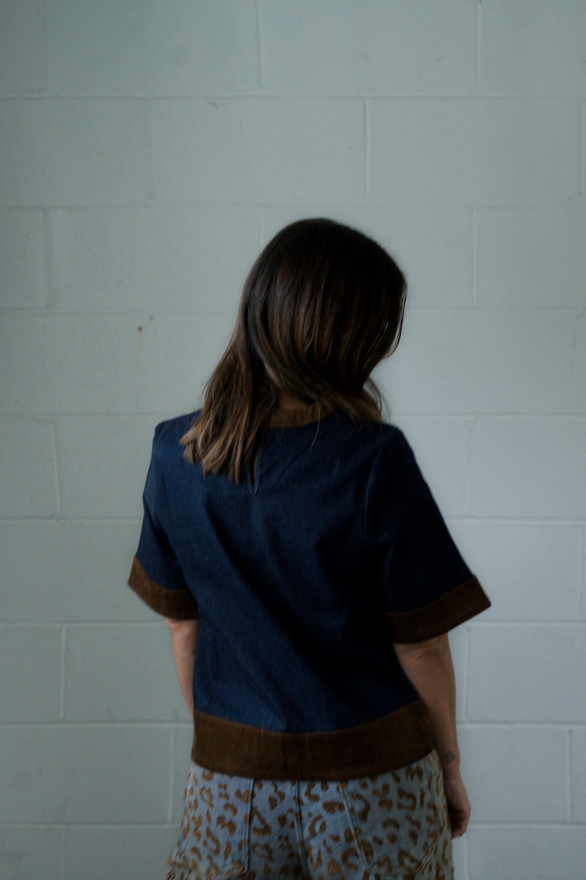 CORDUROY TRIM DENIM TOP