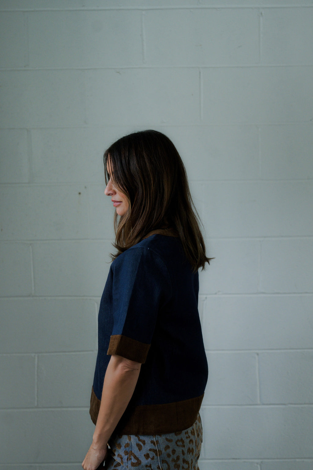 CORDUROY TRIM DENIM TOP