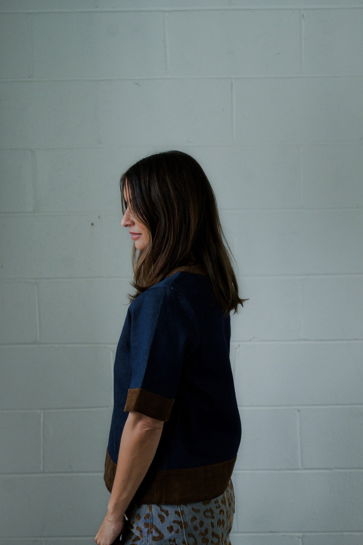 CORDUROY TRIM DENIM TOP
