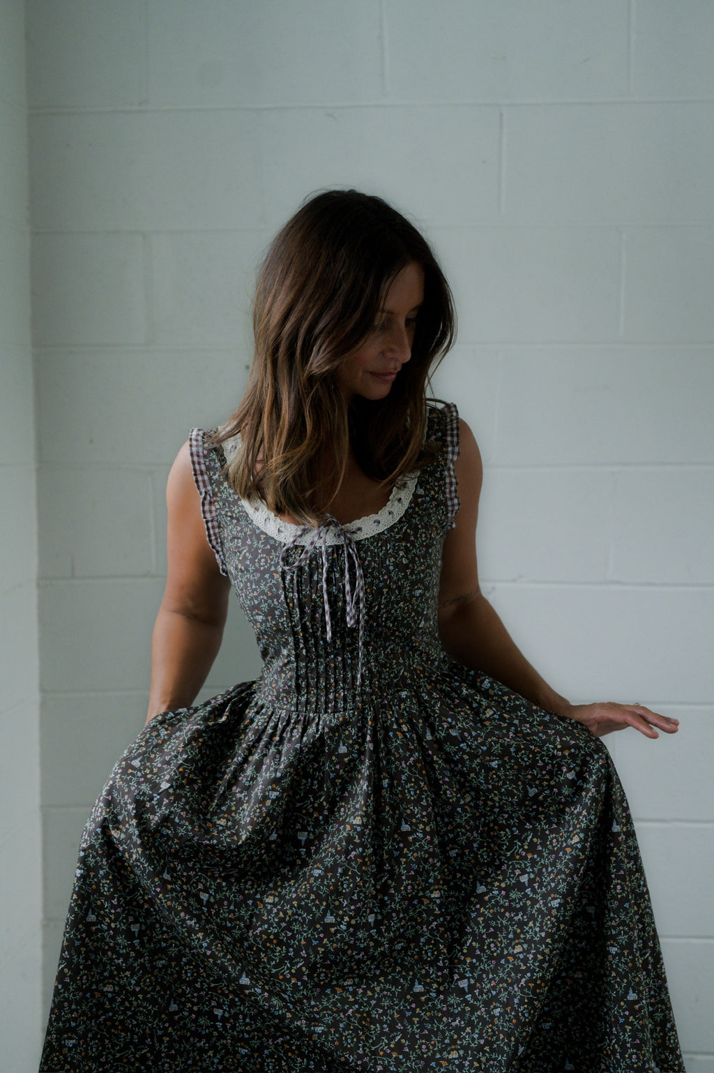 Pintuck Pleated Ruffle Midi Dress