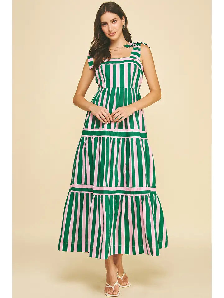 Green striped sleeveless maxi dress on model