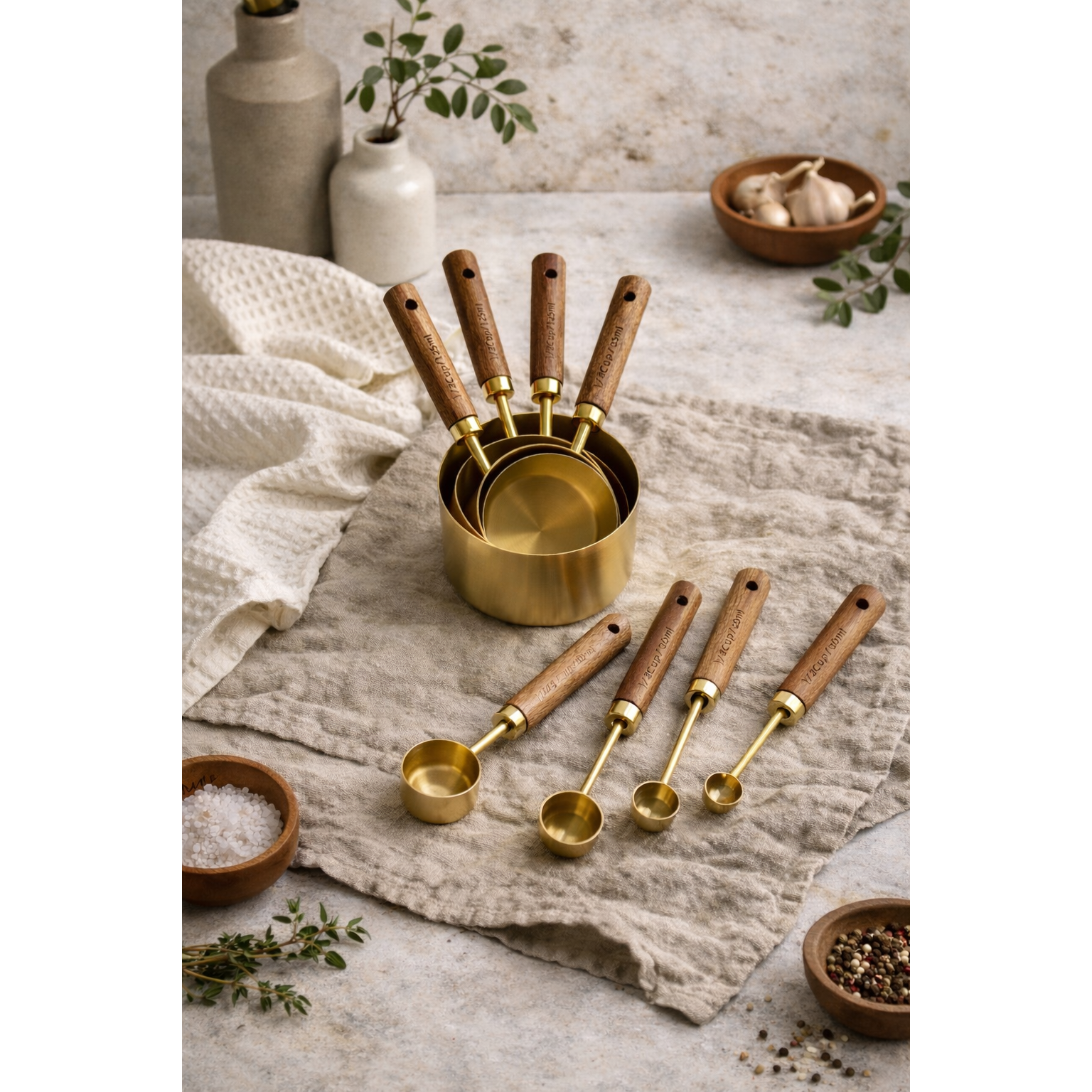 Montecito Acacia Wood & Gold Measuring Cups & Spoons Set