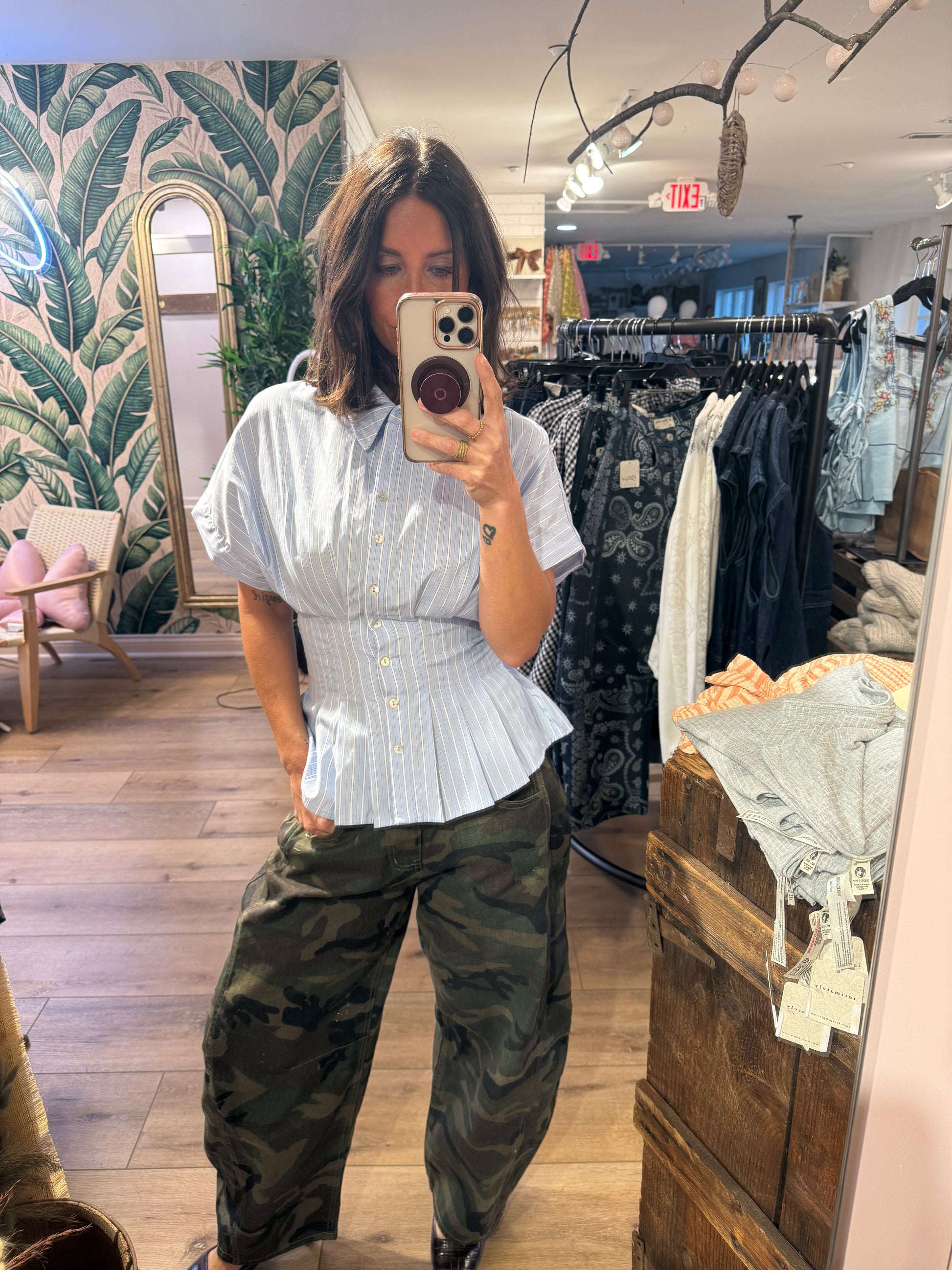 STRIPE BUTTON DOWN WITH WAISTLINE DETAIL