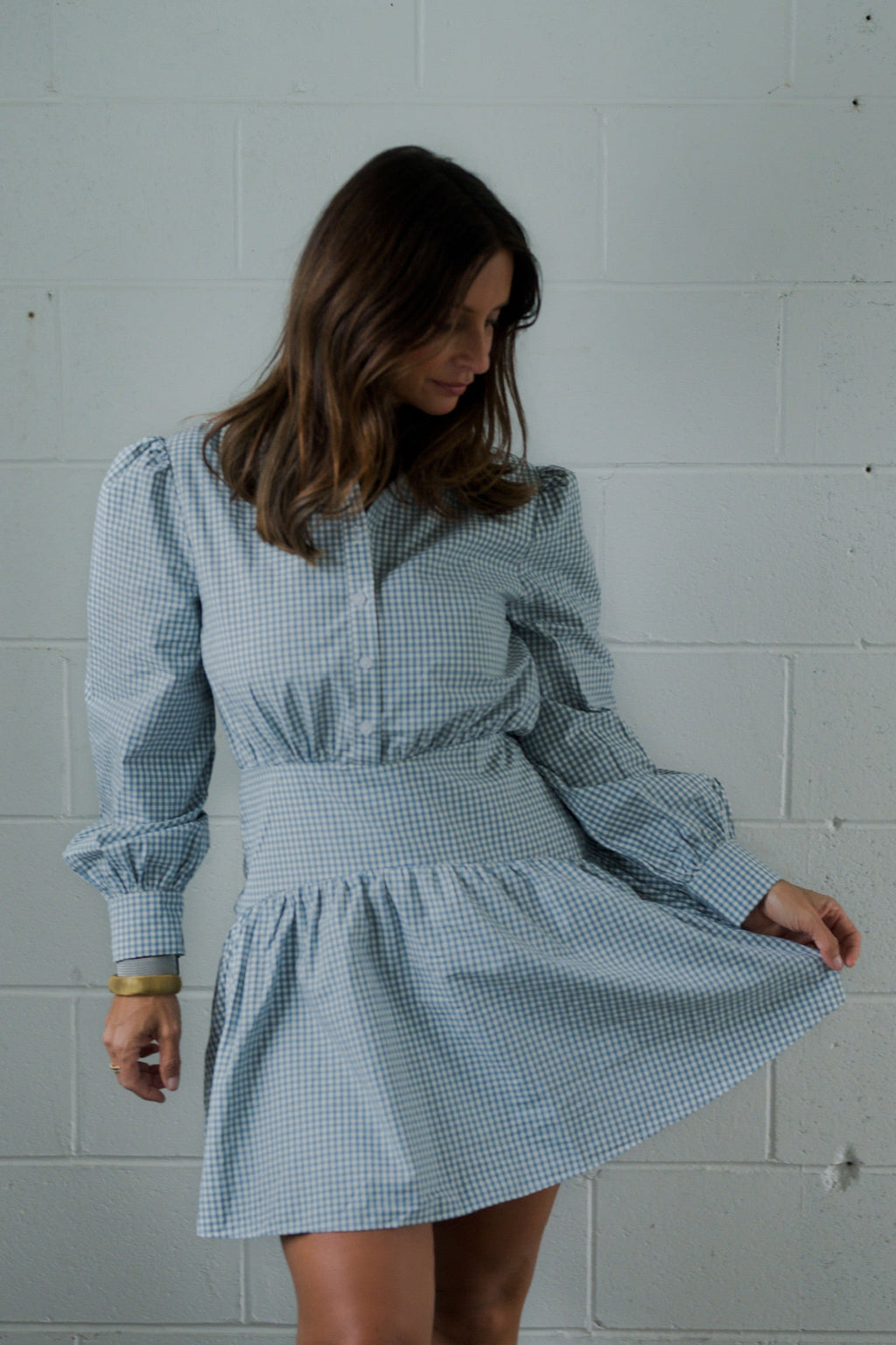 Basque Waist Gingham Shirt Dress