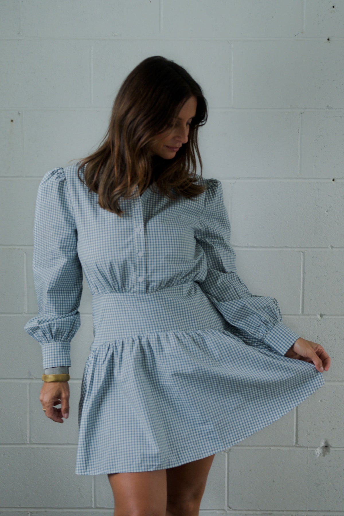 Basque Waist Gingham Shirt Dress