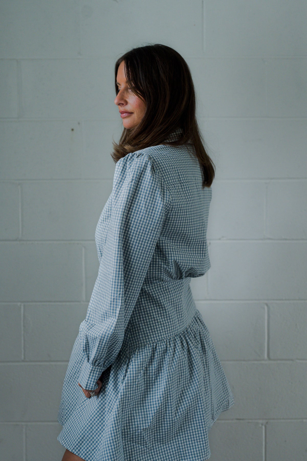 Basque Waist Gingham Shirt Dress