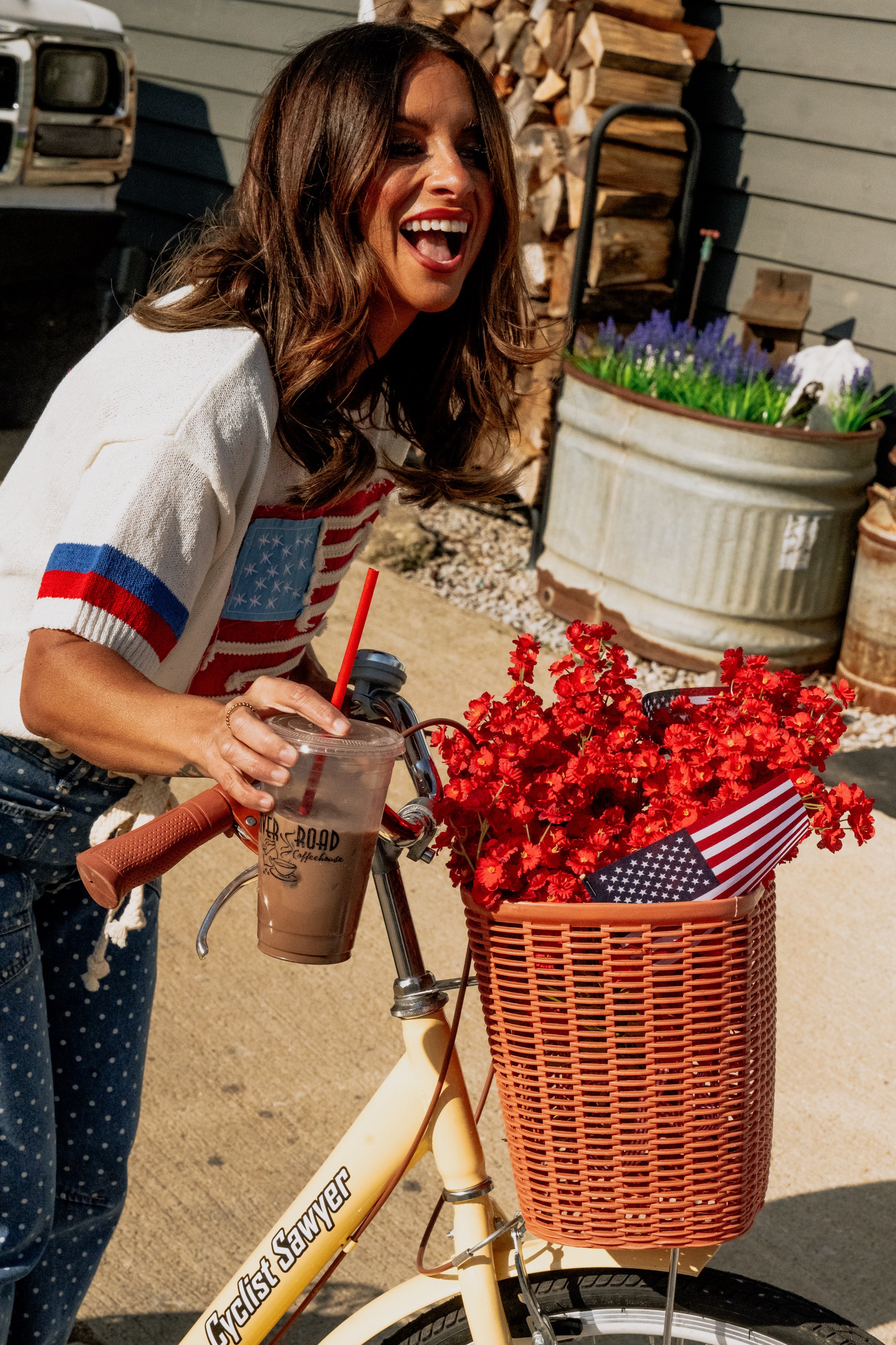 Flag Applique Knit Sweater with Stripe Cuffs