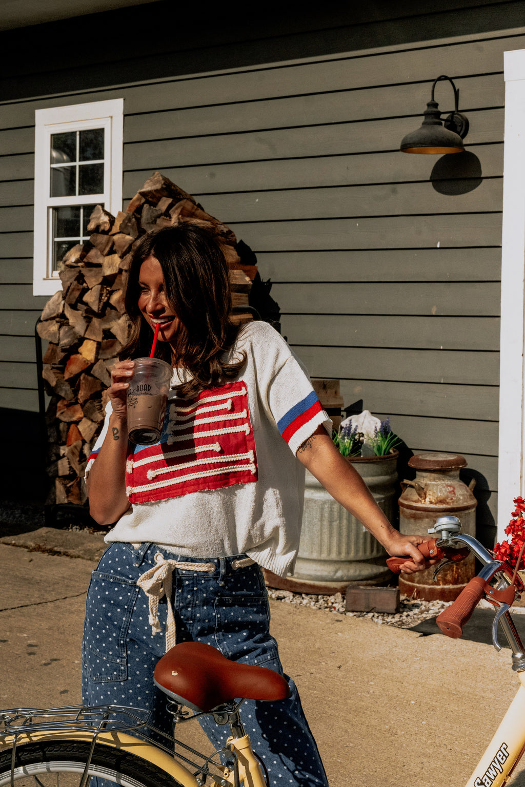 POLKA DOT DENIM BARREL PANTS
