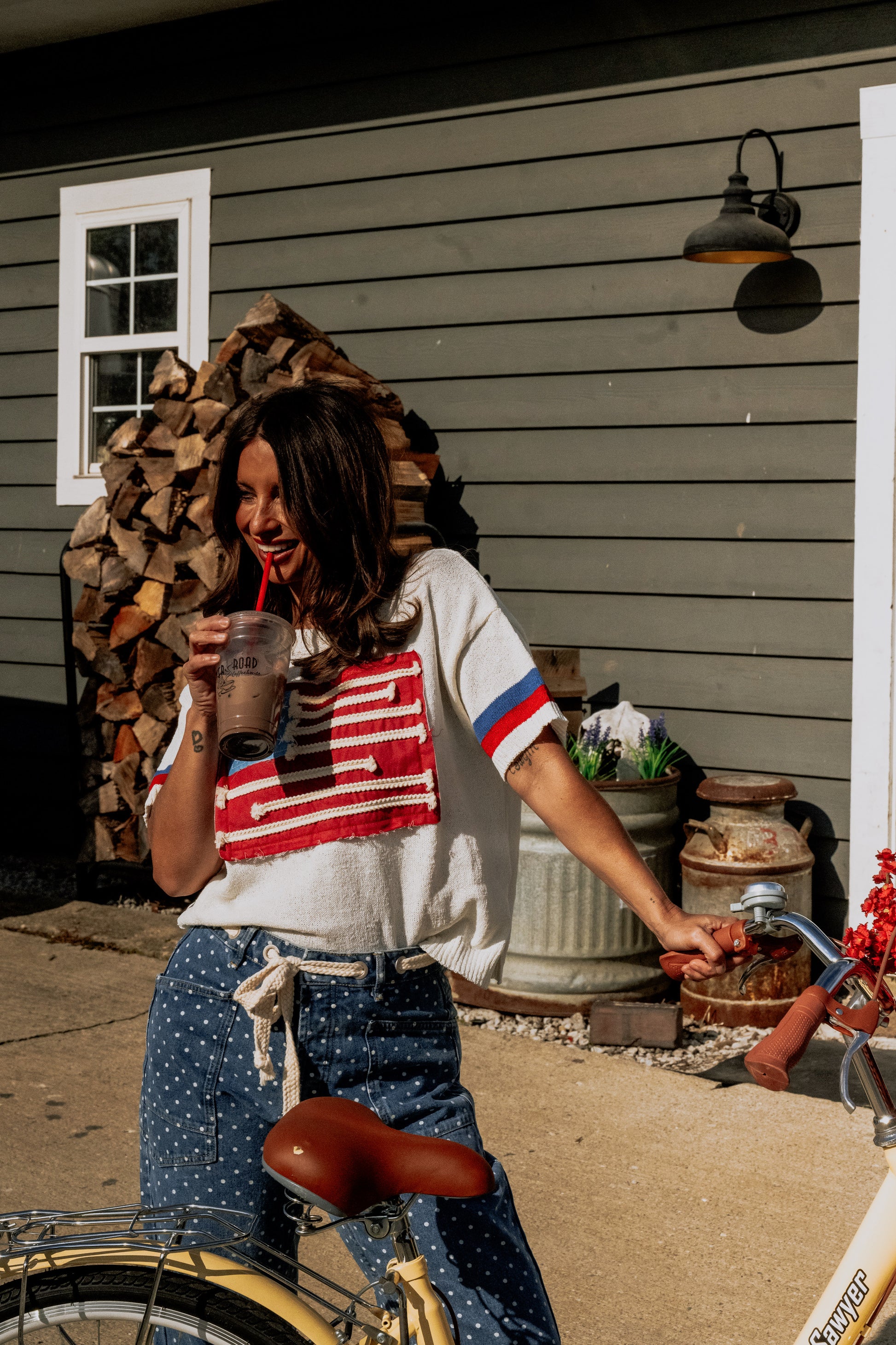 POLKA DOT DENIM BARREL PANTS