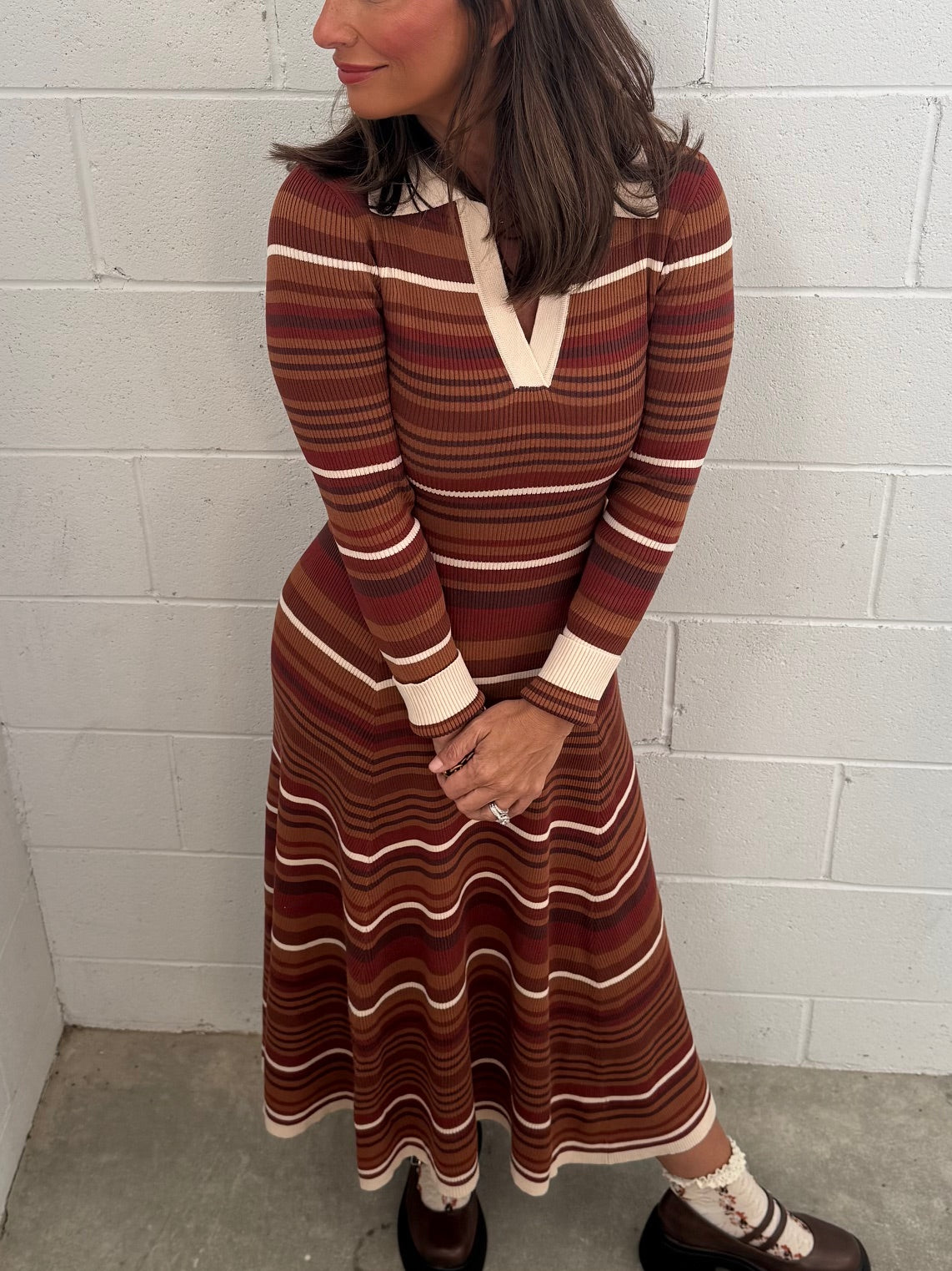 MULTI COLOR STRIPE COLLARED LONG SLEEVE MIDI DRESS