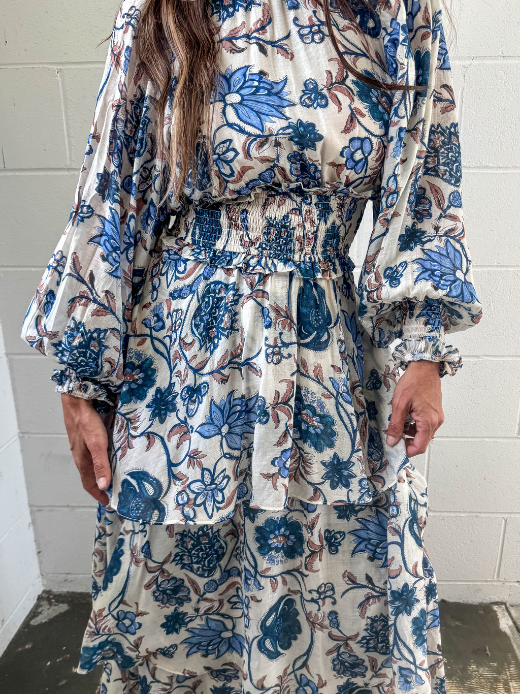 Smocked Waist Tiered Long Sleeve Dress