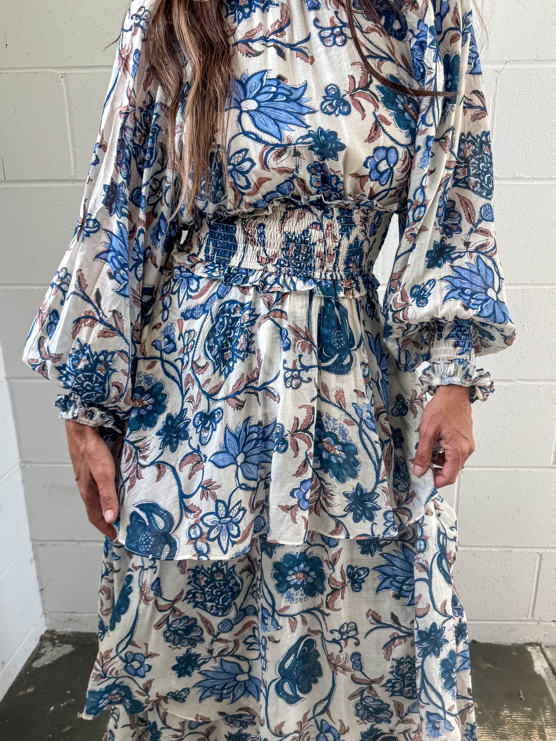 Smocked Waist Tiered Long Sleeve Dress