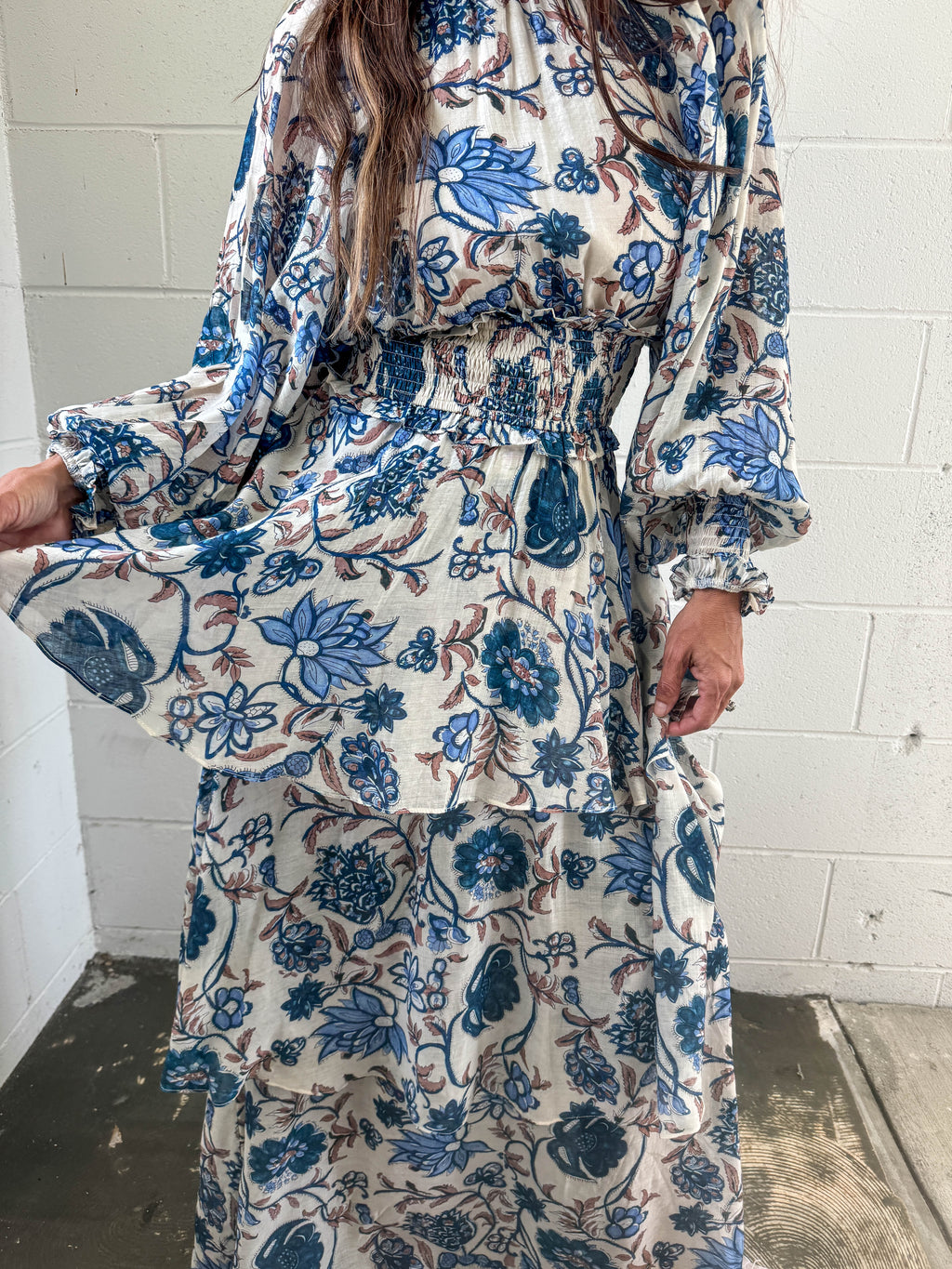 Smocked Waist Tiered Long Sleeve Dress