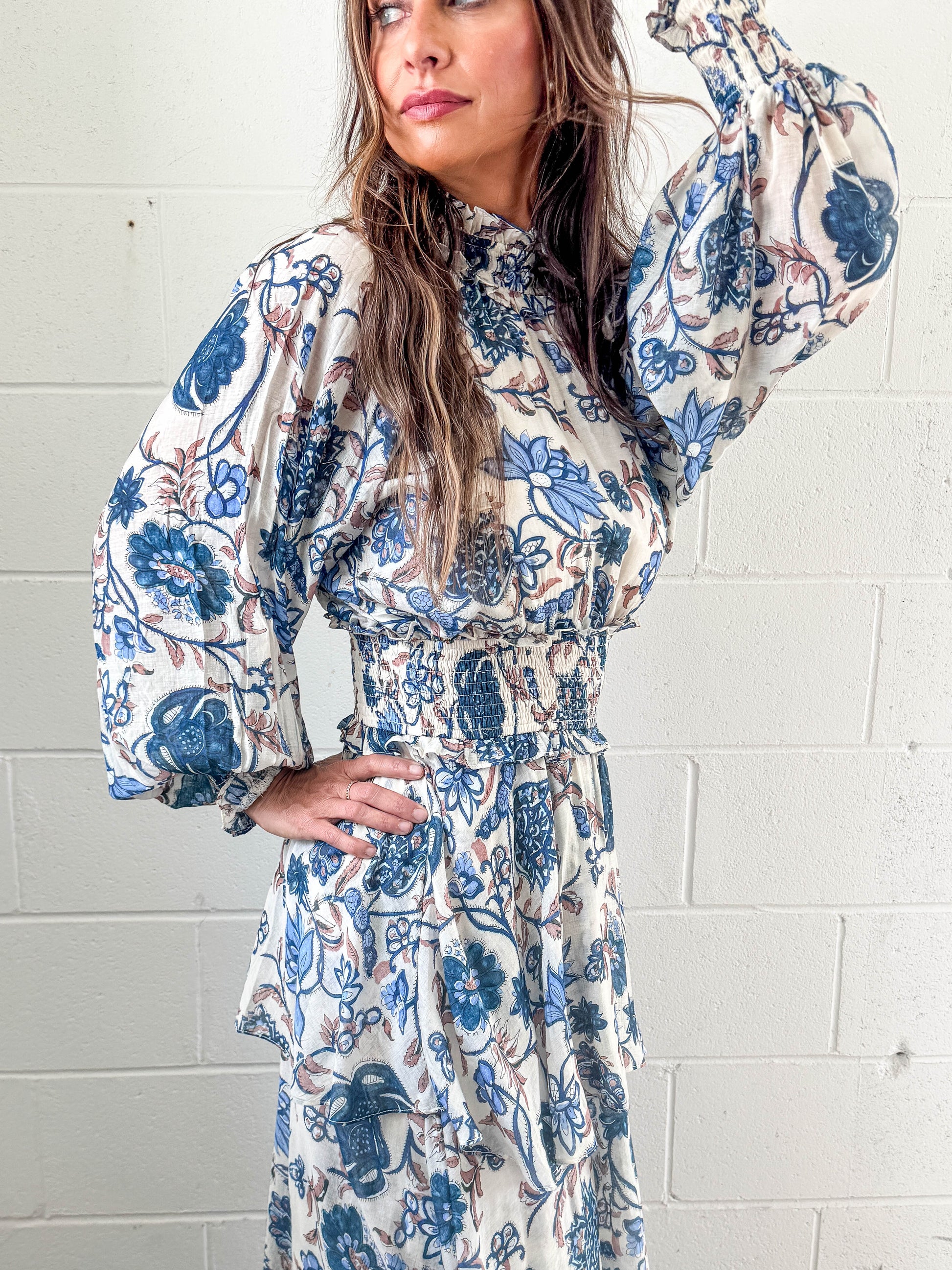 long sleeve smocked dress floral Floral-Print Smocked Bubble Sleeve Maxi Dress M