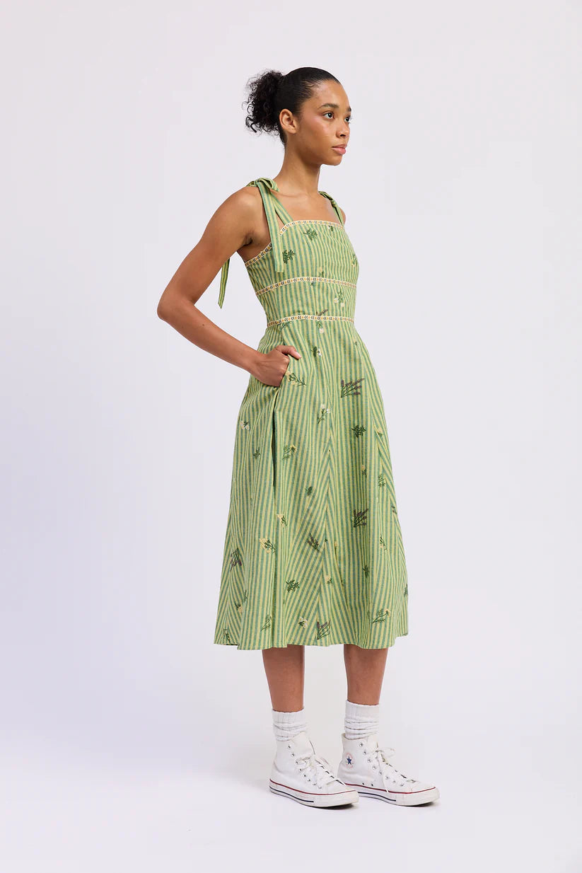 Place Showroom Rowan Midi Dress - Green Tonal Stripe Linen Blend Cedar & Thread Place Showroom Rowan Midi Dress - Green Tonal Stripe Linen Blend Cedar & Thread