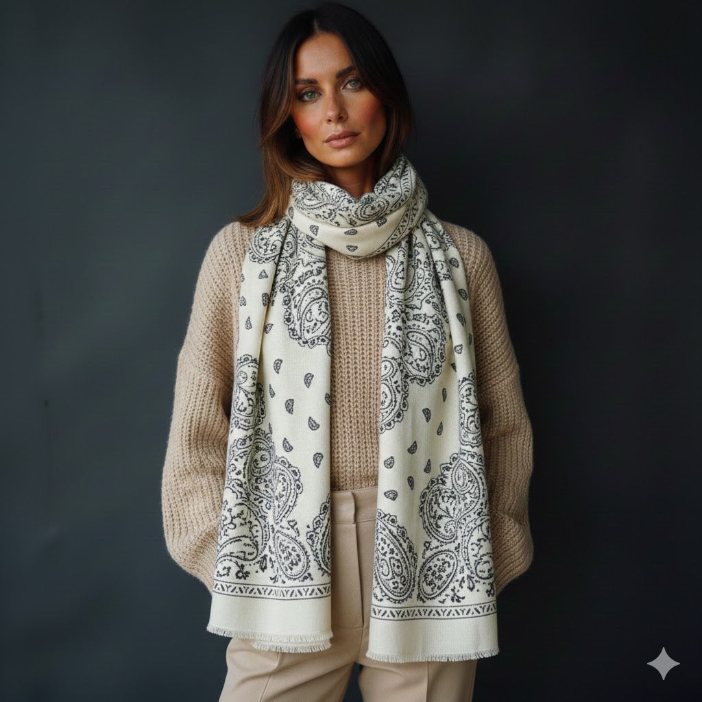 Oversized Bandana Print Square Scarf with Long Fringe