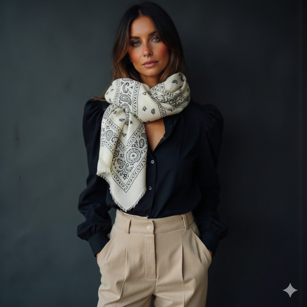 Oversized Bandana Print Square Scarf with Long Fringe