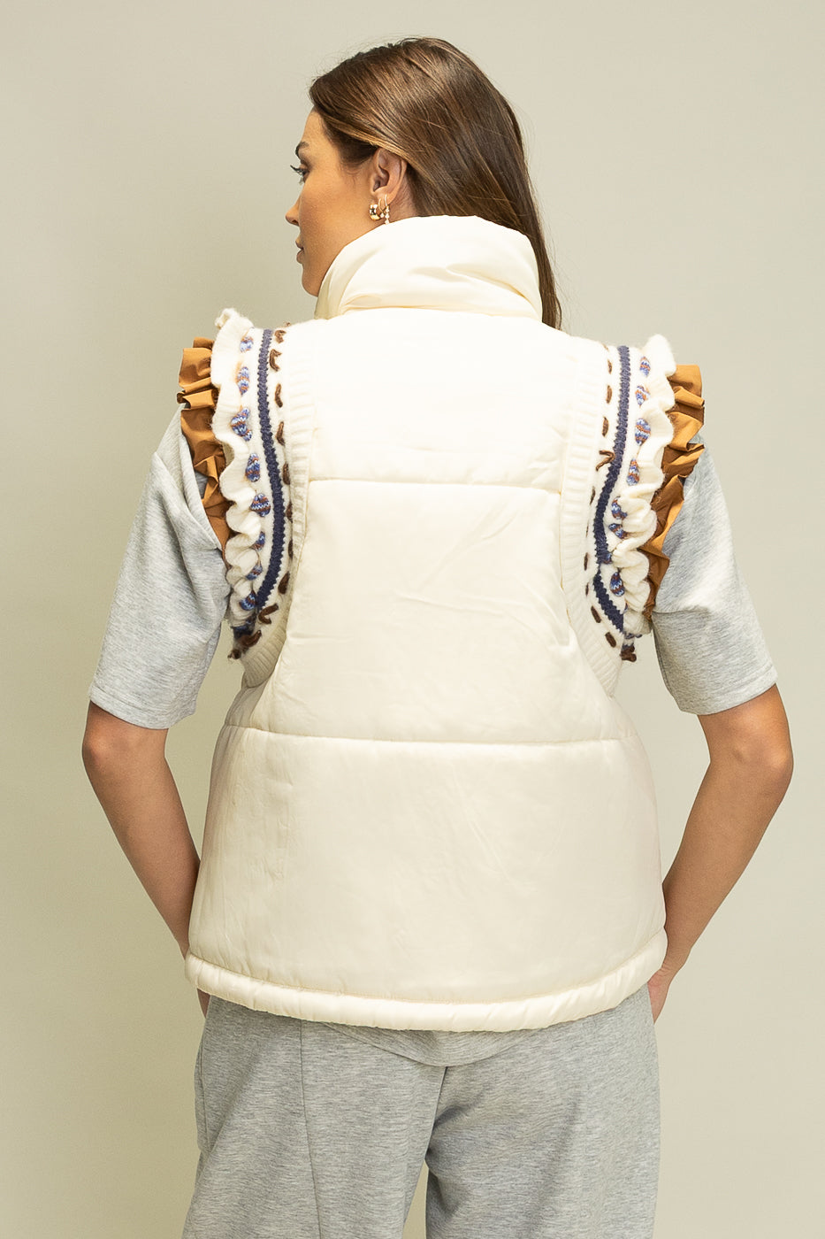 Snap Front Ruffle Sleeve Puffer Vest
