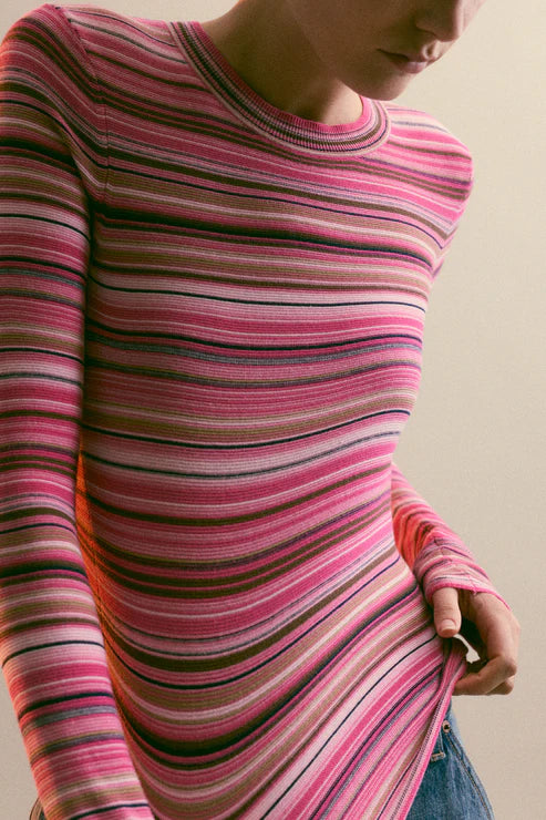 Pistola Madison Crew Neck Sweater - Pink & Brown Striped Cotton Knit