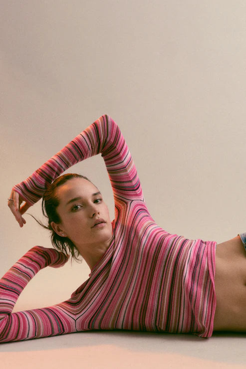 Pistola Madison Crew Neck Sweater - Pink & Brown Striped Cotton Knit