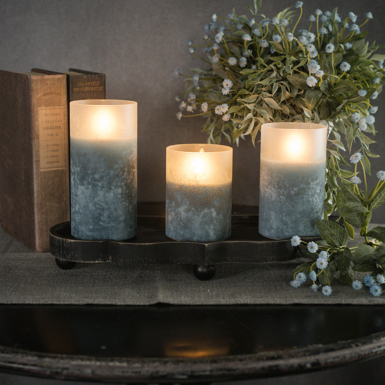 Blue Frosted Glass LED Flickering Flame Candle | 3 Sizes