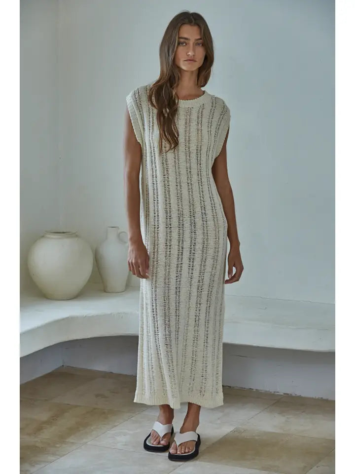 By Together Natural Open Knit Midi Dress - Sleeveless Crochet Style Cover-Up