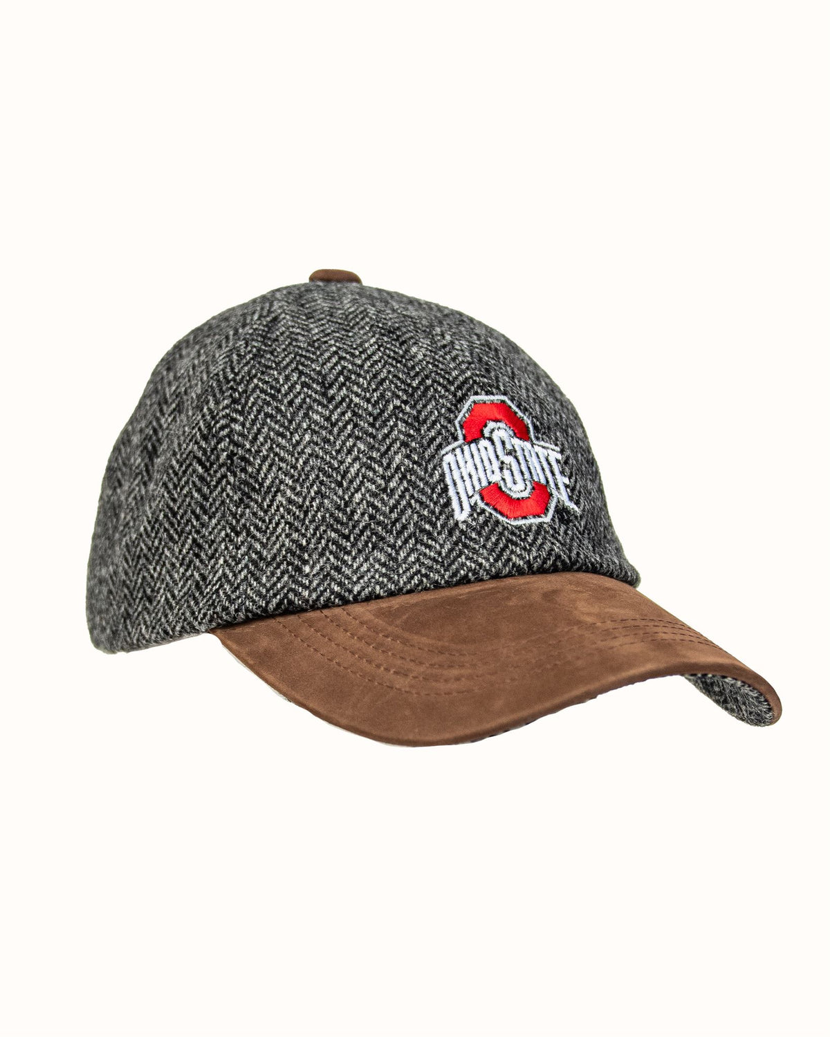 Ohio State University Grey Herringbone Wool Baseball Cap With Leather Bill