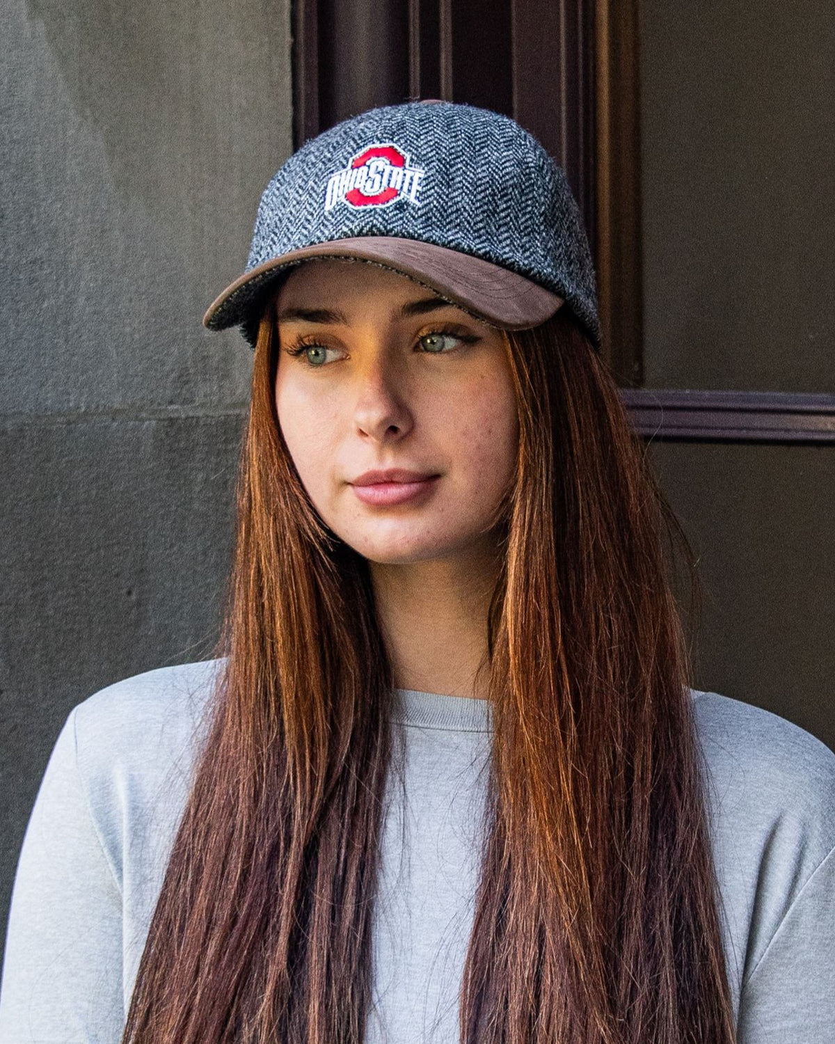 Ohio State University Grey Herringbone Wool Baseball Cap With Leather Bill
