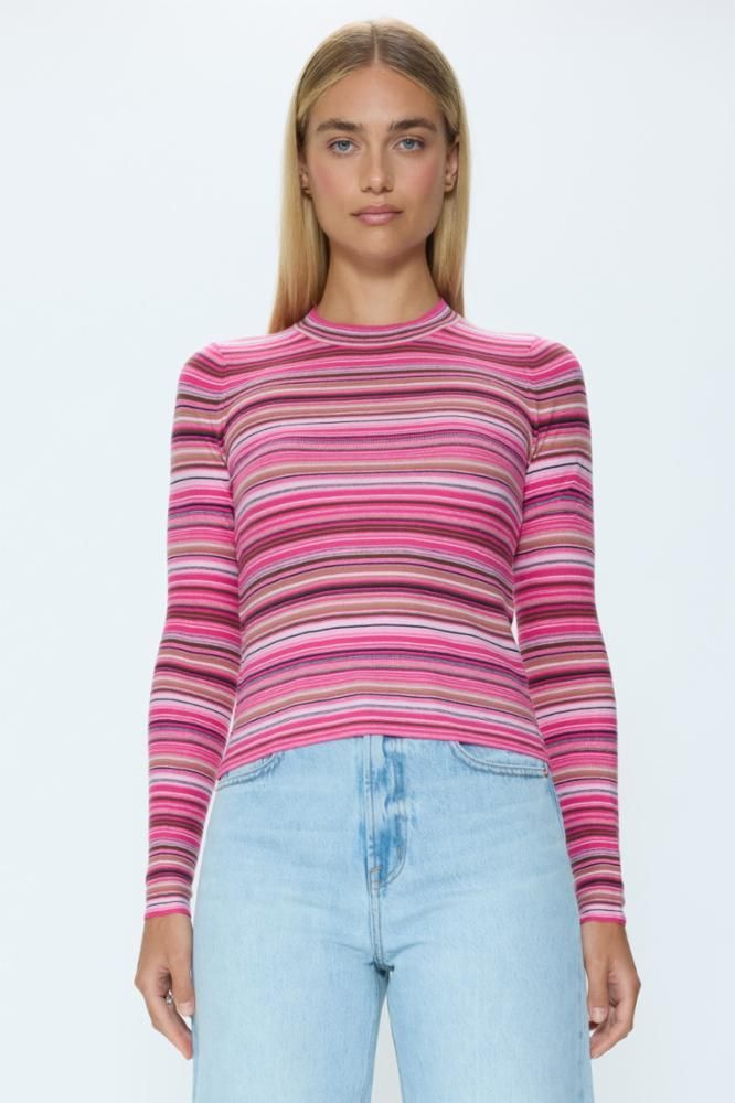 Pistola Madison Crew Neck Sweater - Pink & Brown Striped Cotton Knit