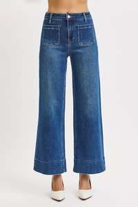 Risen High Rise Crop Wide Front Patch Pocket Jeans