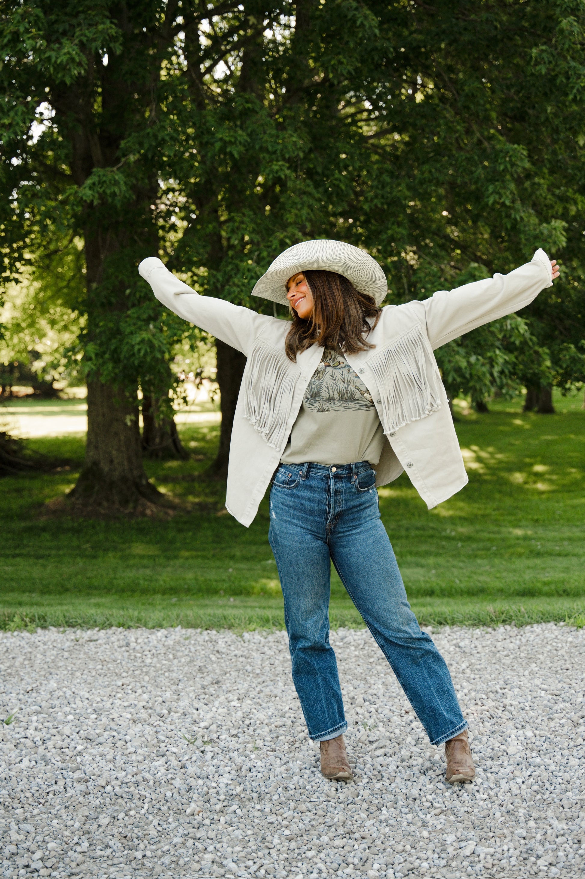 FRINGE DENIM BUTTON DOWN JACKET