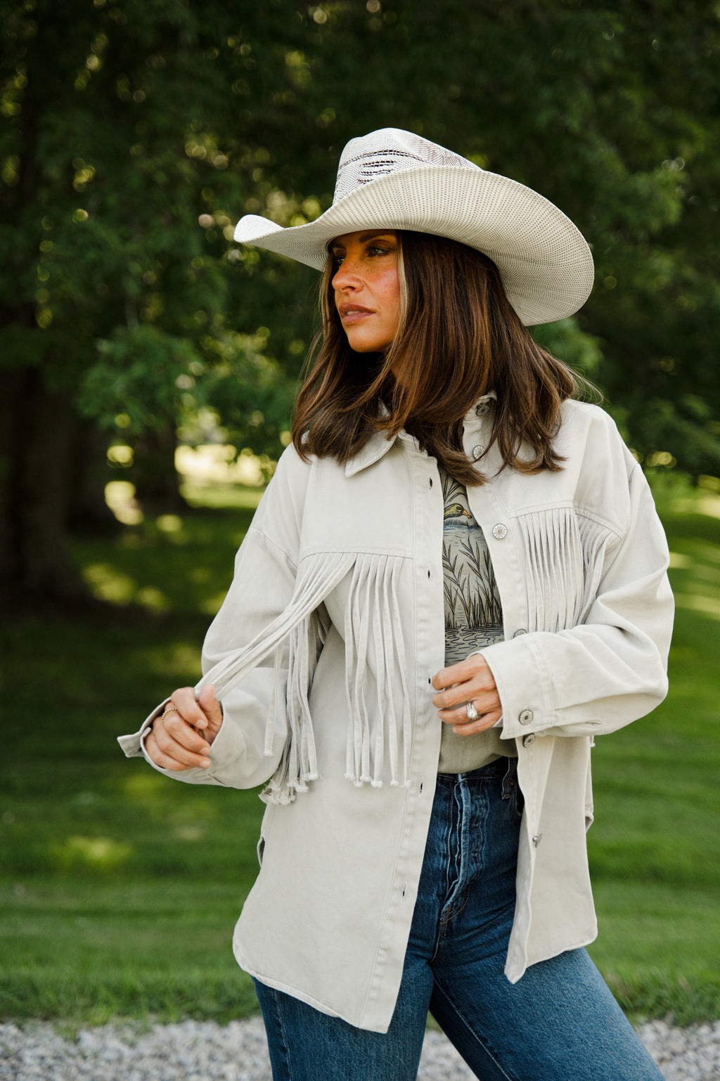 FRINGE DENIM BUTTON DOWN JACKET