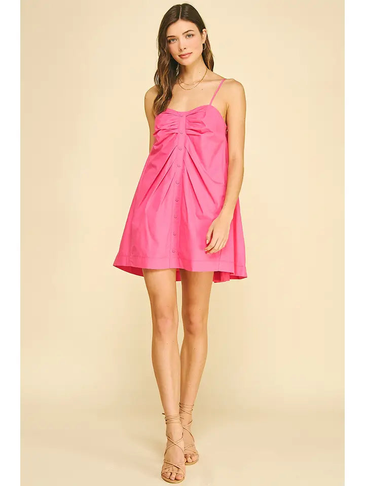 hot pink skater dress PINCH Ruched Button Down Mini Dress