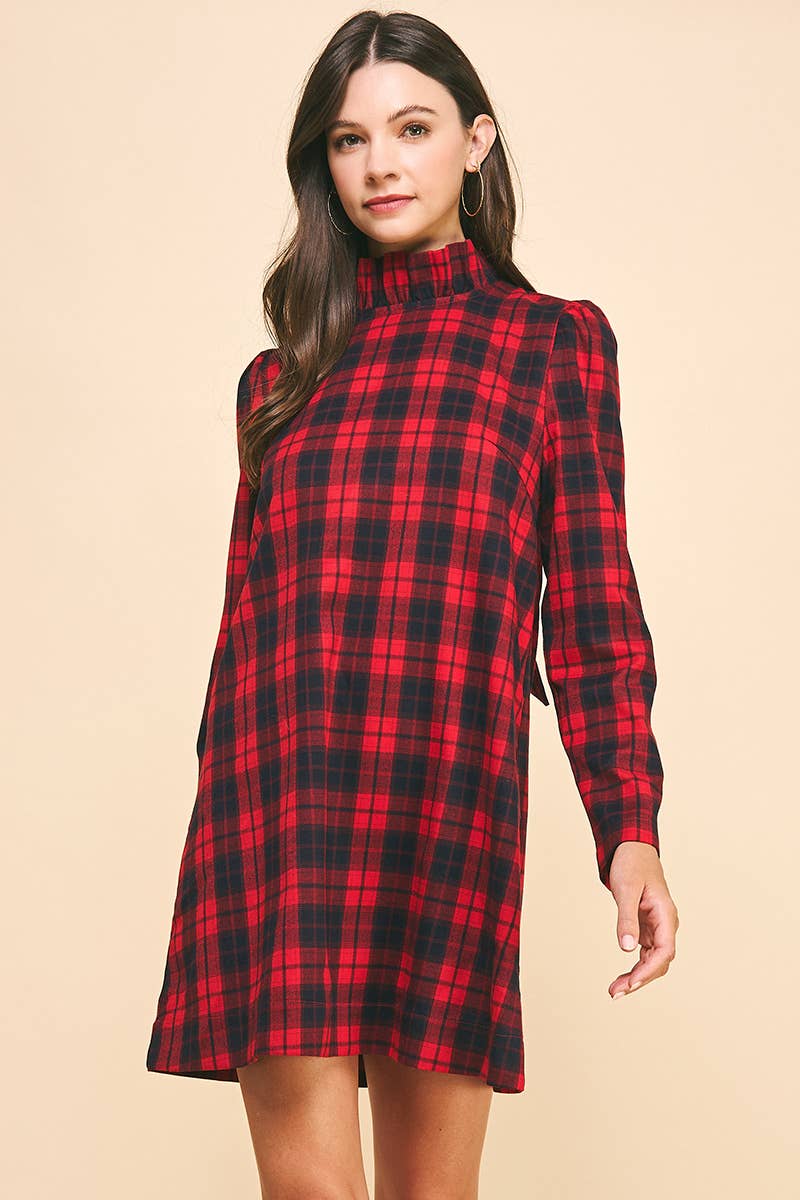 BACK NECK TIED PLAID MINI DRESS - RED