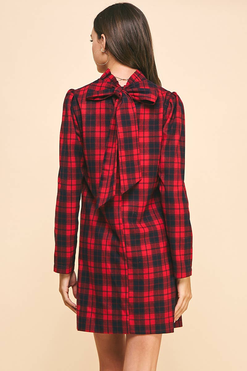 BACK NECK TIED PLAID MINI DRESS - RED