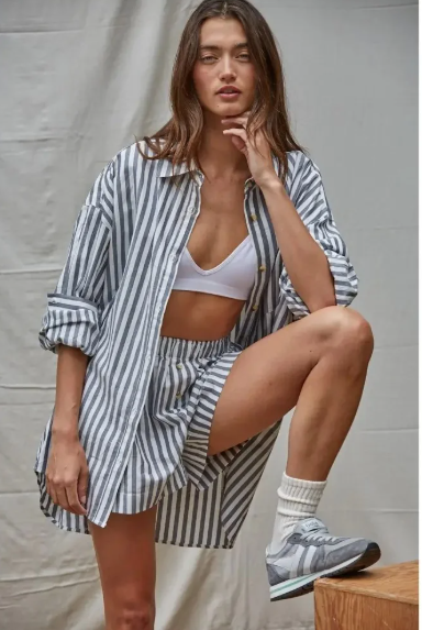 WOVEN COTTON STRIPED OVERSIZED SHIRT- IVORY NAVY