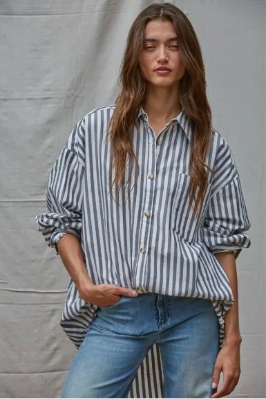 WOVEN COTTON STRIPED OVERSIZED SHIRT- IVORY NAVY