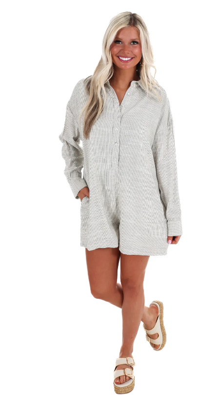 STRIPED LINEN BUTTON DOWN ROMPER