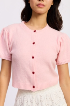 PUFF SLEEVE CROPPED KNIT CARDI WITH NOVELTY BUTTONS