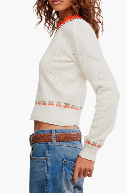TILLY CHERRY POINTELLE KNIT CROP SWEATER