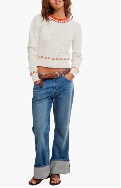 TILLY CHERRY POINTELLE KNIT CROP SWEATER