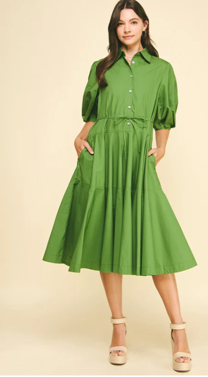 BUTTON DOWN TIERED MIDI DRESS- GREEN