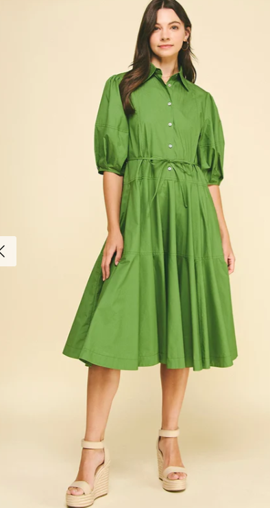 BUTTON DOWN TIERED MIDI DRESS- GREEN
