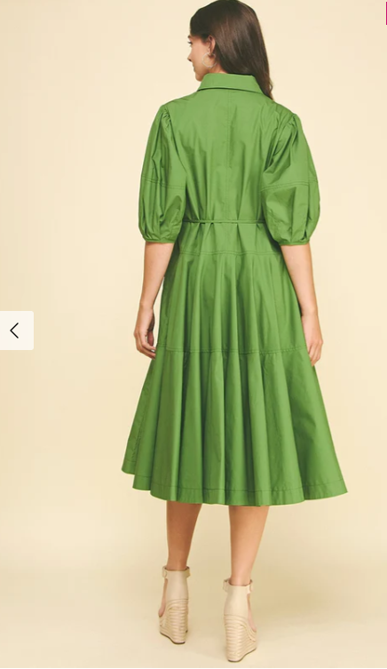 BUTTON DOWN TIERED MIDI DRESS- GREEN